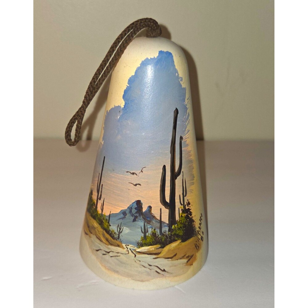 Ceramic Hanging Bell Southwestern Desert Cactus Landscape, Signed Bill Drake 86